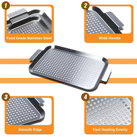 Grill Pan Set Of 2 Stainless Steel Perforated Grilling Baskets With Handles For Outdoor BBQ Barbecue Accessories Topper shown