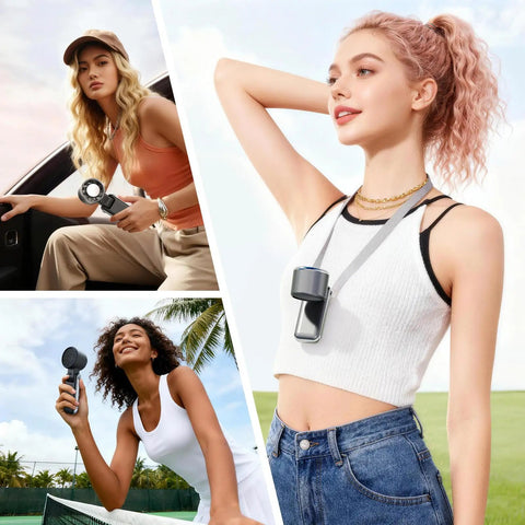 Women using Portable Handheld Fan With Ice Cooling Tech, 5 Speed Turbo Personal Mini Fan, USB Rechargeable, Up To 13 Hours Runtime