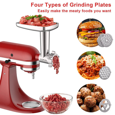Pro-Grade Meat Grinder And Slicer Shredder Attachments For Stand Mixers with grinding plates, showing food examples