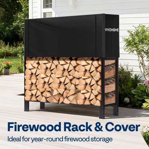 Heavy Duty Four Foot Firewood Rack Workhorse With Cover Set, One Quarter Cord Capacity in backyard, black cover visible