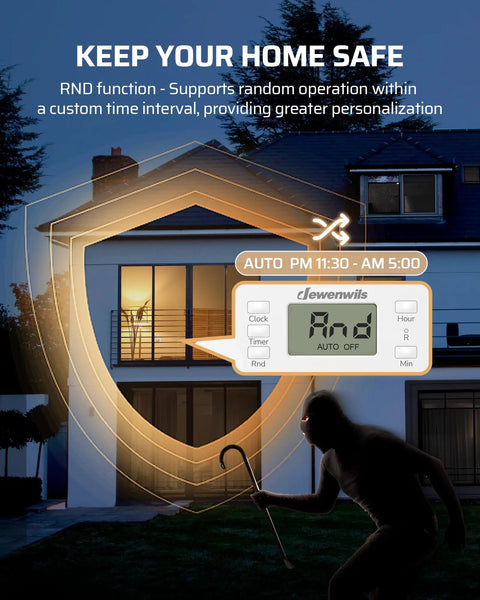 Indoor Programmable Digital Timer Outlet With Dual American Sockets shows RND function for home security during nighttime.