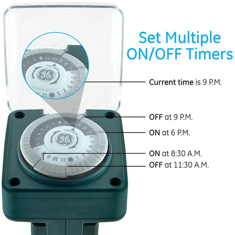 Built Like A Tank Weather Resistant Outdoor Mechanical Timer With An Effortless 24 Hour Dial Routine Plus Beefy 6 Grounded Outlets For String Lights Fountains And Pump Gear showing current time and timer settings.