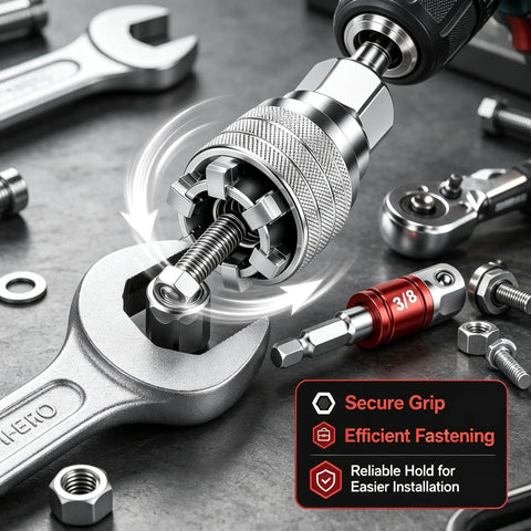 Badass Adjustable Socket Wrench Fits 10Mm To 19Mm Automatic Self Adjusting Tool shown gripping a rounded nut on a workbench.