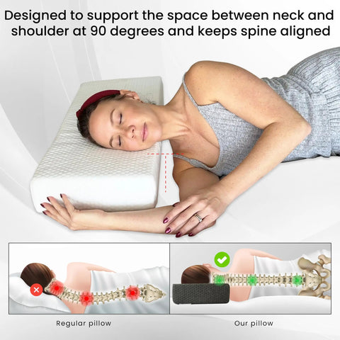 Woman sleeping on Premium Memory Foam Cube Pillow Made Straight For Real Side Sleepers Measuring 24 By 12 By 5 Inches.