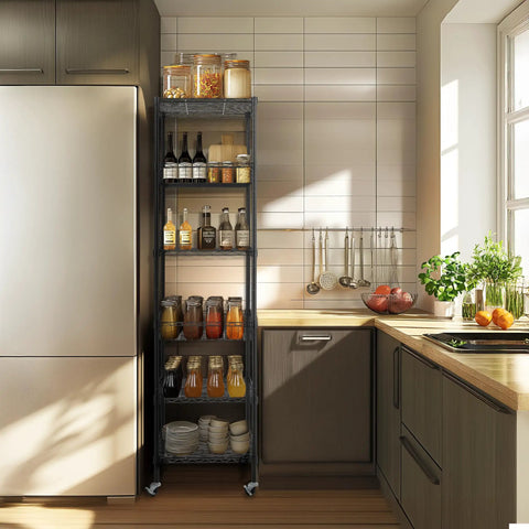 Heavy Duty 6 Tier Wire Shelving Unit Rolls Flat On Smooth Casters, 18X18X72 Inch Adjustable Black Metal Rack in kitchen