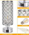 Lit Crystal Table Lamp Set With Dual USB Ports, Touch Control, 3 Way Dimmable Nightstand Lamps, Acrylic Chrome Finish