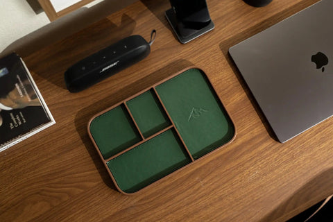 Full Grain Leather Catchall Tray Set For Nightstand And Entryway, green multi tray valet organizer on wooden desk with devices