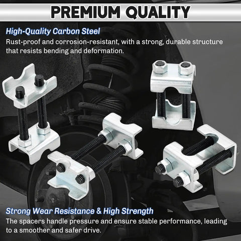 Heavy Duty 2 Way Adjustable Coil Spring Spacers 8 Piece Set Rust Proof Carbon Steel displayed in durable design for high strength.