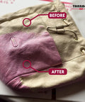 No Sweat Quick Color Leather And Canvas Dye For Beat Up Kicks Boots Bags And Coats In Bold Purple 25 Ml Tube applied on leather bag.