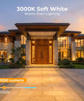 TopShelf Led Flood Light Bulbs Outdoor Dimmable 3000k Soft White illuminating a modern home entrance with warm glow.