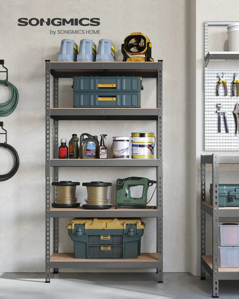 Hella Sturdy Five Tier Storage Shelves Heavy Duty Adjustable Metal Rack with tools and containers in garage setting.