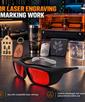 Red Lens Laser Safety Goggles UV Blue Green Diode Up To 532nm DIY Engraving next to engraved items on workspace.