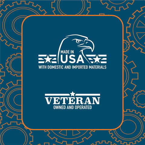 Logo with eagle design stating 'Made in USA' and 'Veteran Owned and Operated' with gears in background.