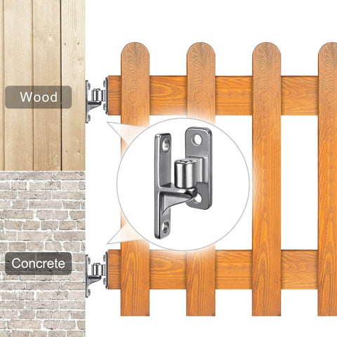 Heavy Duty 304 Stainless Steel Gate Hinges Non Welded One Piece Design Wall Mount Hinges with Five Eighth Inch Pin installed on wood and concrete surfaces