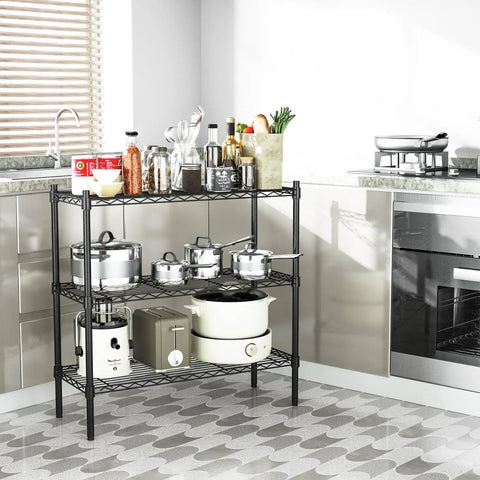 Rock Solid Three Tier Heavy Duty Wire Shelving System Featuring Adjustable Metal Storage Rack In Matte Black Finish supporting kitchen pots and ingredients.