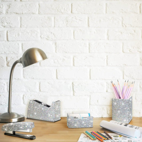 Blinged Out Desk Accessories Set Seven Piece Office Glam Kit With Diamond Tape Dispenser and Rhinestone Stapler on Wooden Desk