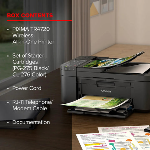 All In One Wireless Printer For Home Office Use With Auto Document Feeder And Built In Fax A Real Workhorse 4 In 1 Print Copy Scan And Fax Mobile Printing Auto Duplex Energy Efficient Black on a desk with box contents.