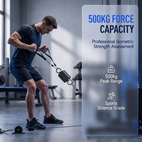 Professional Grade Isometric Strength Tester With Seamless Wireless Tracking And BeastMode Push Pull Dynamometer in use, showcasing 500kg capacity.