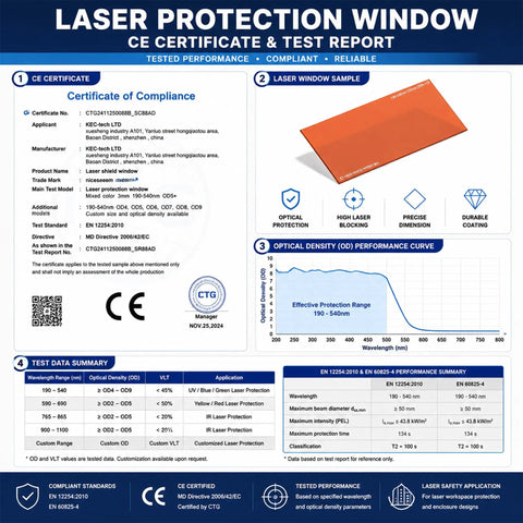 Straight Up Heavy Duty Laser Safety Window Orange Polycarbonate Sheet For 190 To 540 Nm OD6 Plus 40 Percent VLT CE certificate and test report.