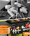 Image showing before and after using Front Griddle Caddy for 28 and 36 Inch Griddles, organizing BBQ tools and condiments neatly.