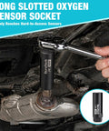 Long slotted oxygen sensor socket in use on vehicle exhaust system.