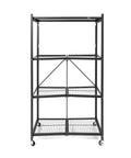 Straight Up Heavy Duty 4 Tier Foldable Steel Storage Rack In Black, view of front with open wire mesh shelves and wheels.