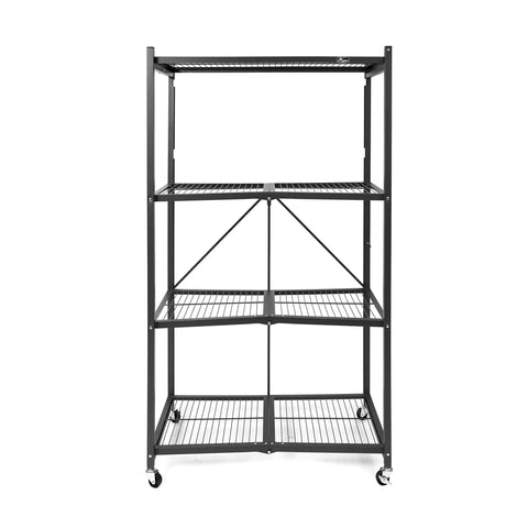 Straight Up Heavy Duty 4 Tier Foldable Steel Storage Rack In Black, view of front with open wire mesh shelves and wheels.