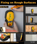 2-In-1 Rechargeable Cross Line Laser Level With Magnetic Stud Finder showing use on drywall and wooden surfaces