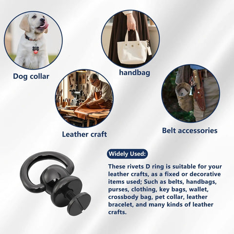 Hella Solid Black Zinc Ball Studs With Swivel D Rings For Leather Crafting Professional Hardware Bundle, 12mm, used for dog collars and handbags.