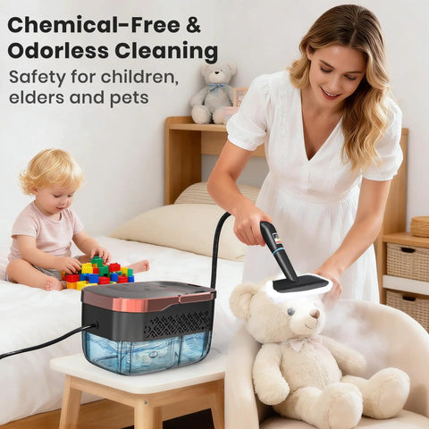 Powerful Portable Steam Cleaner With 15 Second Heat Up And 1250Ml Tank For Effortless Home Cleaning, used by a woman on a teddy bear.