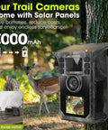 Two Pack Solar Powered Game Camera With 4K Video And 64MP Shots, showcasing solar panel and deer in background.