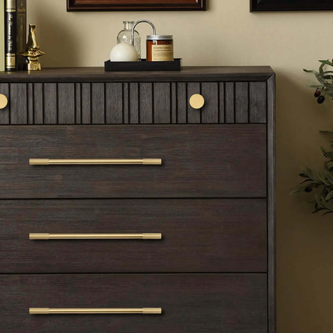 No Nonsense Solid Brass Cabinet Pulls With Sleek Brushed Gold Finish on a dark wood dresser, showcasing 11 1/4 inch center spacing.