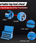 Badass Heavy Duty Rolling Tool Chest With Five Snappy Drawers And Detachable Top Box Lockup Wheels And Adjustable Shelf For The Ultimate Garage Gear Setup In Classic Blue, featuring four tray drawers and top storage area.
