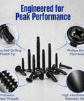 450 Piece Go-To Black Self Drilling Screws Kit With 410 Stainless Steel Assortment in upright position on grey surface