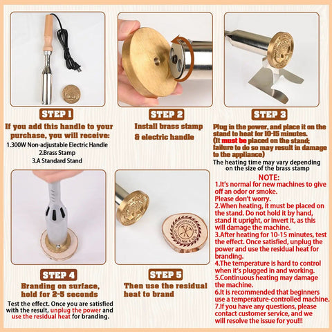 Custom Branding Iron For Wood And Leather with Durable Brass Stamp Head, shown in steps for use and safety instructions.