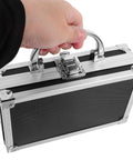 Heavy Duty Metal Briefcase Toolbox With Rugged Handle And Smart Compartments Built Solid For On The Go Handymen Fixing Cars Or Stashing Daily Gear, held by a hand.