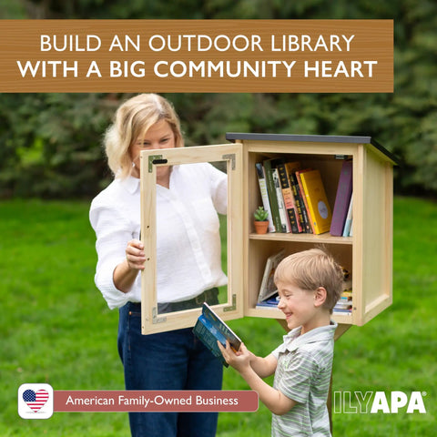 Child and adult with Outdoor Library Box For Book Exchange Rustic Wood Cabinet Sized 16x14x22 Inches Perfect For Front Yard Park Or School Shared Reading Easy Post Mount Weather Resistant Community Reading Kit To Share Books And Arts open display in a green park setting.