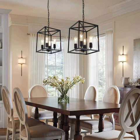 Black Farmhouse Four Light Chandelier Pendant For Dining Room And Kitchen Island Adjustable Height Industrial Lantern Fixture