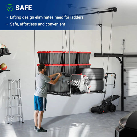 Heavy Duty Overhead Garage Storage Rack 4X4 Ft Ceiling Hoist System Adjustable Metal Organizer Holds Up To 350 Pounds in use with bins.