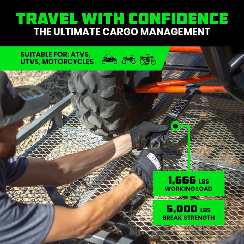 Person securing ATV with Soft Loop Tie Down Straps 4 Pack 1.6 Inch By 17 Inch Heavy Duty 5000 Lbs Break Strength Motorcycle Handlebar Straps For Use With Ratchets ATV UTV Dirt Bike Black on metal grate