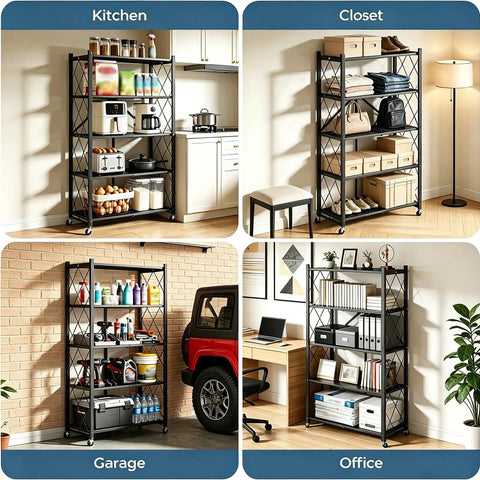 Portable Foldable Storage Shelves Freestanding Three Tier Kitchen Shelving Unit White showcased in kitchen, closet, garage, and office.