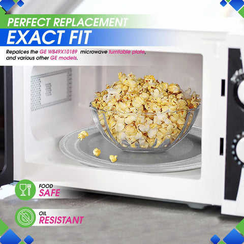 16 Inch Microwave Glass Turntable Replacement Plate Fits WB49X10189 GE Microwave with bowl of popcorn inside microwave oven