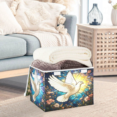 Premium White Fabric Storage Bins With Snap Shut Lids And Reinforced Carry Handles, storing blankets in living room decor.