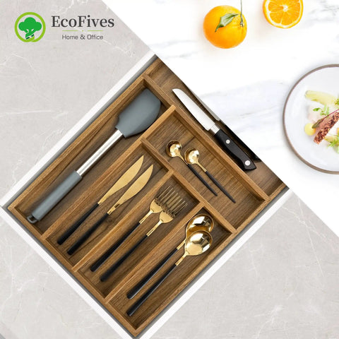 Acacia Kitchen Drawer Organizer With Grooved Dividers, 6 Slot Silverware And Utensil Tray For Flatware And Kitchen Tools in drawer