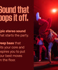 SoundLink Max Bluetooth Speaker Portable Party Ready With Deep Bass And Big Sound IP67 Waterproof Rope Handle Up To 20 Hours Of Playback USB C Connectivity And Built In 3 Point 5mm Aux Input advertising image with dancer.