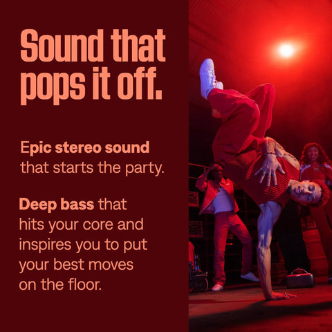 SoundLink Max Bluetooth Speaker Portable Party Ready With Deep Bass And Big Sound IP67 Waterproof Rope Handle Up To 20 Hours Of Playback USB C Connectivity And Built In 3 Point 5mm Aux Input advertising image with dancer.