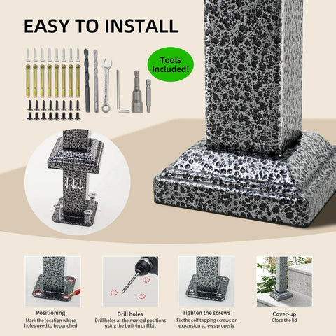 Rock Solid Two Step Handrails For Outdoor Stairs installation tools and steps overview for easy setup, galvanized steel detail.