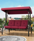 Three Seat Outdoor Porch Swing With Adjustable Canopy And Convertible Bed Stand Thick Cushions And Deep Cup Holders Weather Resistant Steel Frame For Backyard Vibes Garden Or Porch Red on wooden deck