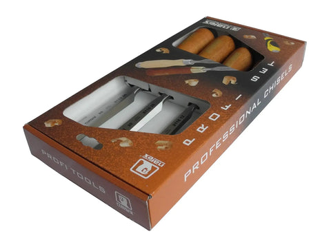 Solid 4-Piece Woodworking Chisel Set With Hornbeam Handles, packaged box view, chrome manganese steel RC59 blades visible