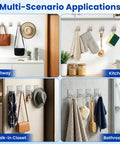 Super Strong Adhesive Hooks With Extended Stainless Steel Bar For Heavy Duty Wall Mount in kitchen, hallway, and bathroom settings.
